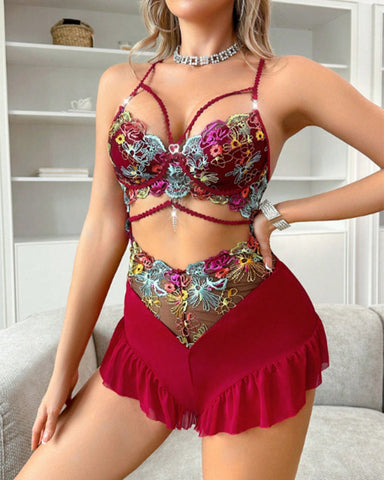 Sexy Plus Size Sheer Mesh Embroidered Lace Bodysuit Lingerie