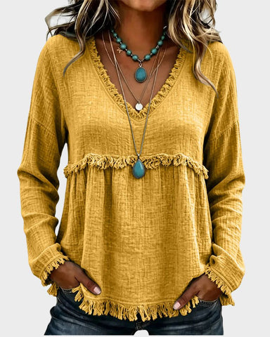 Boho V-Neck Fringe Babydoll Blouse