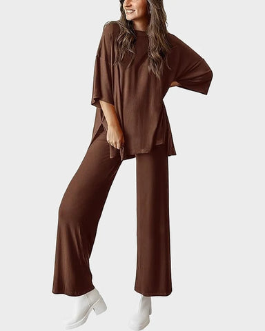 Relaxed Split-Hem Top & Wide-Leg Pants Set