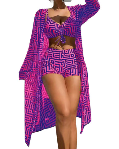 Women’s 3-Piece Swimsuit Set – Gathered Bikini Top, High-Waist Bottom & Beach Cover-Up