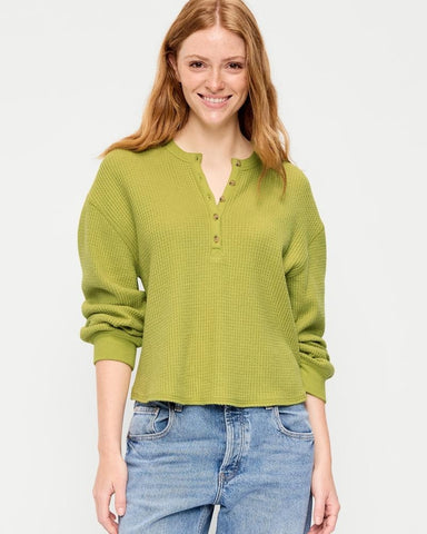 Women's Relaxed Waffle Knit Long Sleeve Henley Top
