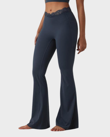 V-Waist Lace Flare Leggings with Pockets
