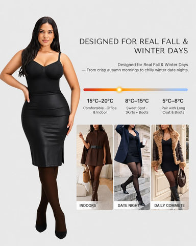 Fleece-Lined Sheer-Effect Tummy Control Tights Bodysuit