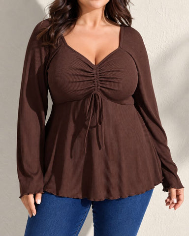 Plus Size Ribbed Drawstring Babydoll Flare-Sleeve Top