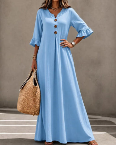 Boho Aesthetic Solid V-Neck A-Line Maxi Dress