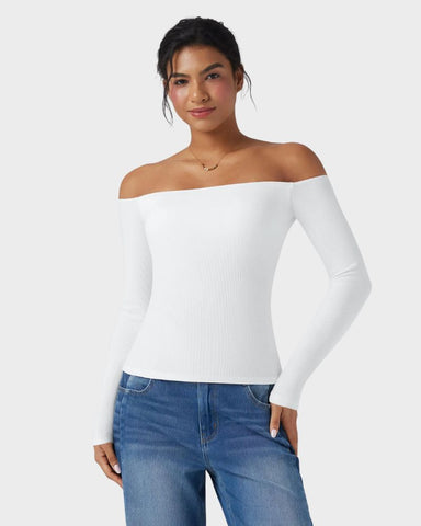 Ribbed Off-Shoulder Built-In Bra Long Sleeve Top