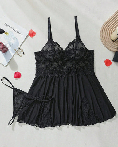 Sexy Plus Size Lace & Mesh Slit Slip Dress with G-String