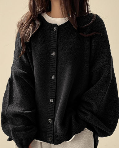 Relaxed Solid-Color Button-Front Knit Cardigan