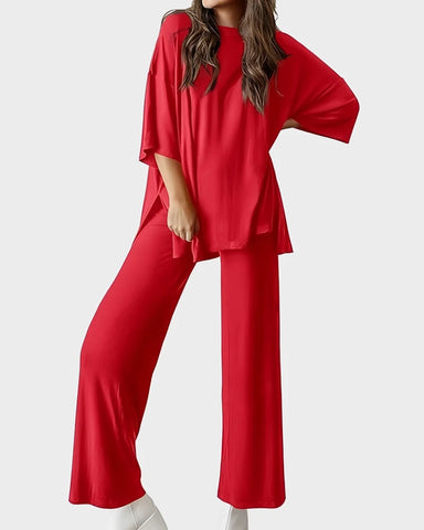 Relaxed Split-Hem Top & Wide-Leg Pants Set