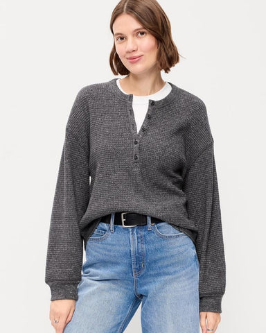 Women's Relaxed Waffle Knit Long Sleeve Henley Top