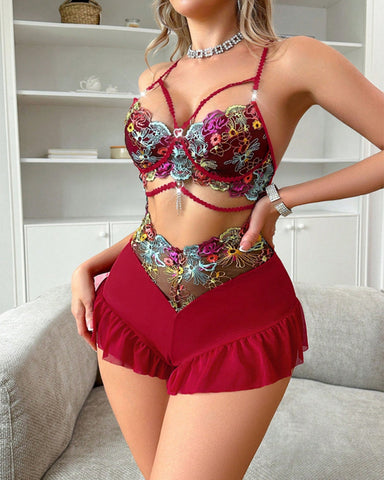 Sexy Plus Size Sheer Mesh Embroidered Lace Bodysuit Lingerie