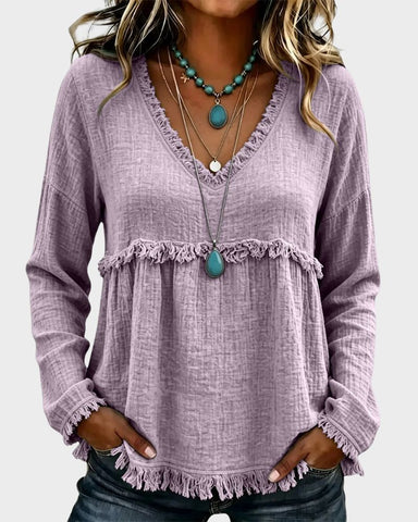 Boho V-Neck Fringe Babydoll Blouse