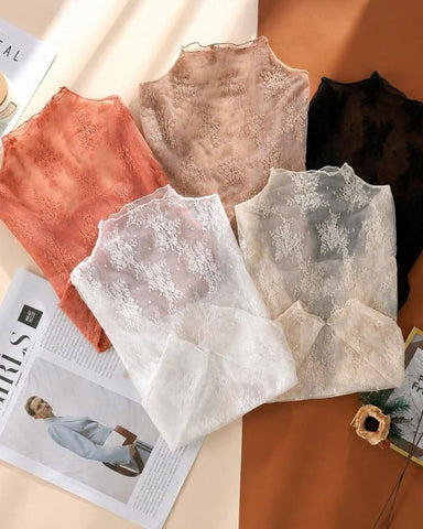 Floral Lace Mesh Long-Sleeve Layering Top