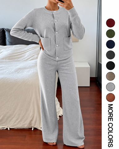 Round-Neck Knit Cardigan & Wide-Leg Pants Set