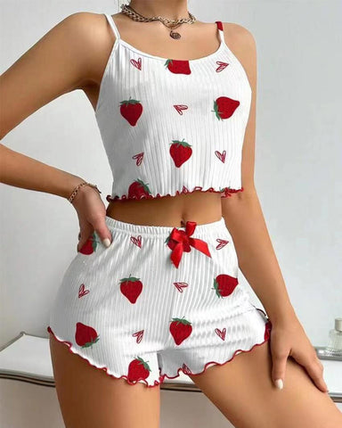 Women's Strawberry Print Camisole And Shorts Pajama Set