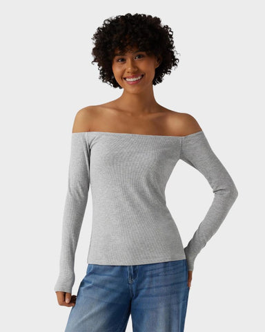 Ribbed Off-Shoulder Built-In Bra Long Sleeve Top