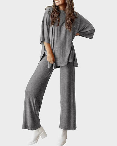 Relaxed Split-Hem Top & Wide-Leg Pants Set