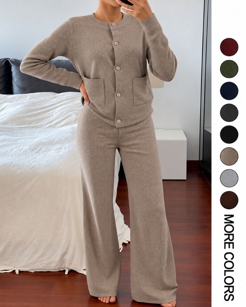 Round-Neck Knit Cardigan & Wide-Leg Pants Set