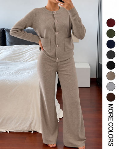 Round-Neck Knit Cardigan & Wide-Leg Pants Set