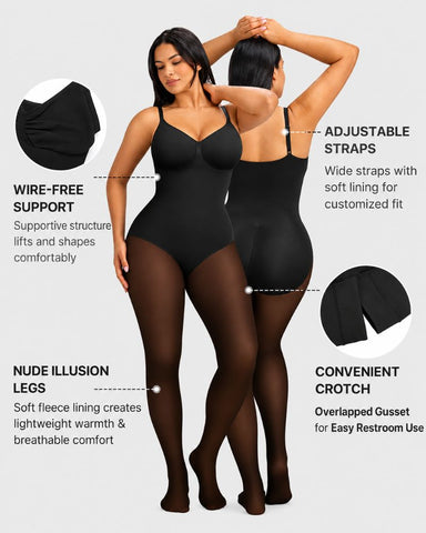 Fleece-Lined Sheer-Effect Tummy Control Tights Bodysuit