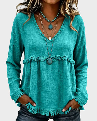 Boho V-Neck Fringe Babydoll Blouse