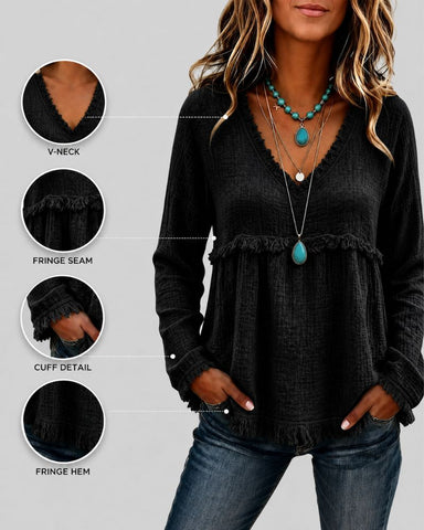 Boho V-Neck Fringe Babydoll Blouse