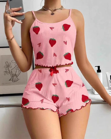 Women's Strawberry Print Camisole And Shorts Pajama Set
