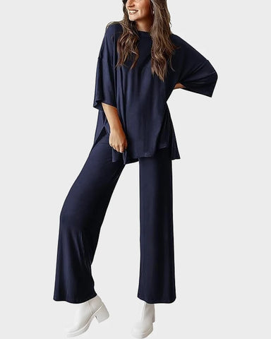 Relaxed Split-Hem Top & Wide-Leg Pants Set