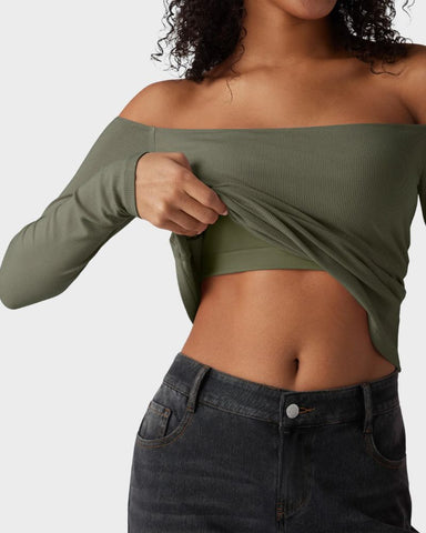 Ribbed Off-Shoulder Built-In Bra Long Sleeve Top