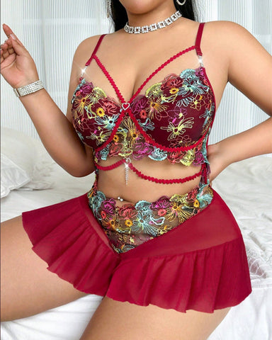 Sexy Plus Size Sheer Mesh Embroidered Lace Bodysuit Lingerie