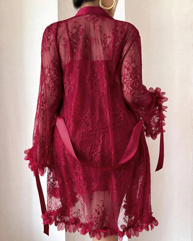 Plus size Lace Cami Nightgown & Floral Lace Trim Wide Sleeve Sheer Robe