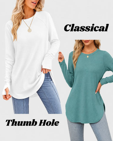 Long Sleeve Thumbhole Tunic Top with Curved Hem