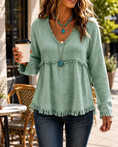 Boho V-Neck Fringe Babydoll Blouse