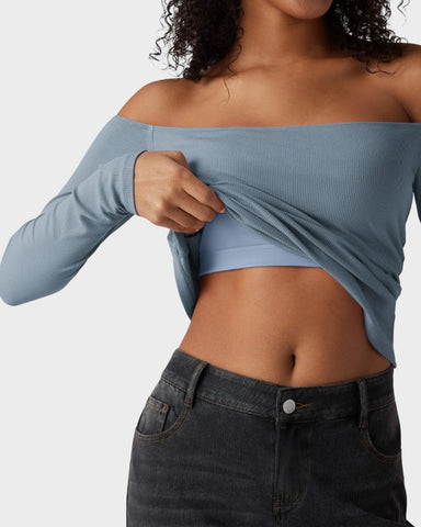 Ribbed Off-Shoulder Built-In Bra Long Sleeve Top