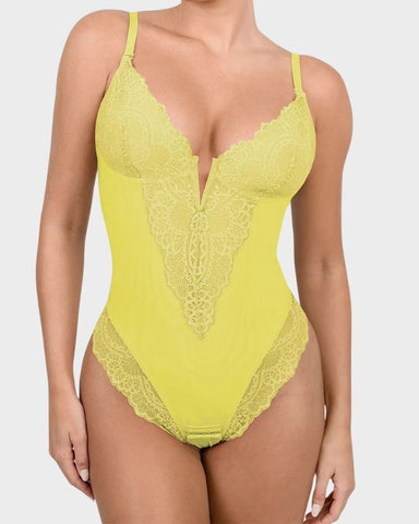 Deep-V Lace Tummy Control Shaping Bodysuit