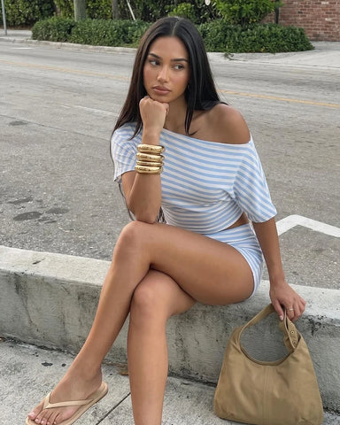 Striped Off-Shoulder Crop Top & High-Waist Shorts Set