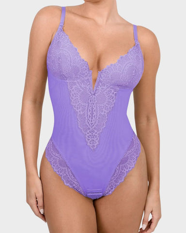 Deep-V Lace Tummy Control Shaping Bodysuit