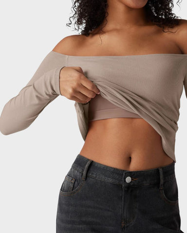 Ribbed Off-Shoulder Built-In Bra Long Sleeve Top