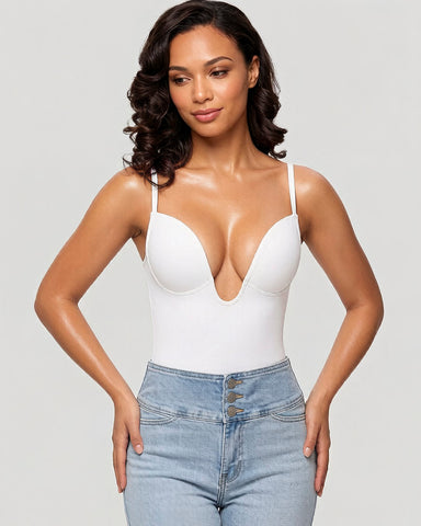 Women's U Plunge Strapless Tummy Control Bodysuit Low Back Built In Bra Shapewear