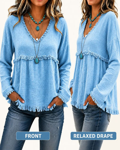 Boho V-Neck Fringe Babydoll Blouse