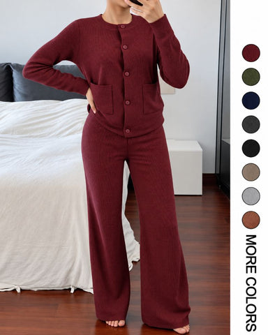 Round-Neck Knit Cardigan & Wide-Leg Pants Set