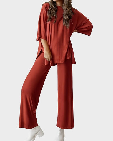 Relaxed Split-Hem Top & Wide-Leg Pants Set