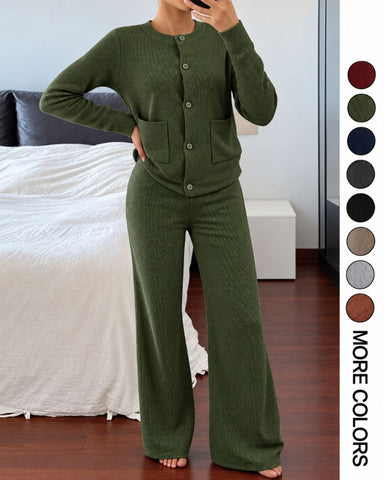 Round-Neck Knit Cardigan & Wide-Leg Pants Set