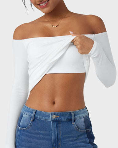 Ribbed Off-Shoulder Built-In Bra Long Sleeve Top