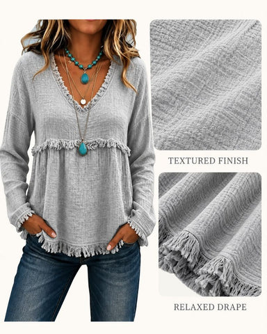 Boho V-Neck Fringe Babydoll Blouse