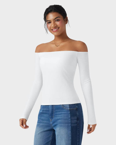 Ribbed Off-Shoulder Built-In Bra Long Sleeve Top