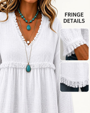 Boho V-Neck Fringe Babydoll Blouse
