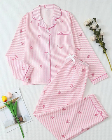 Striped Bow Print Long Sleeve Pajama Set