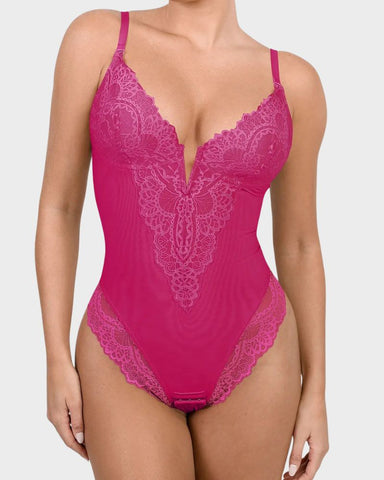 Deep-V Lace Tummy Control Shaping Bodysuit