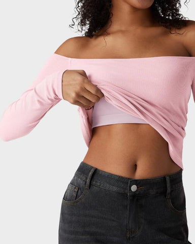 Ribbed Off-Shoulder Built-In Bra Long Sleeve Top